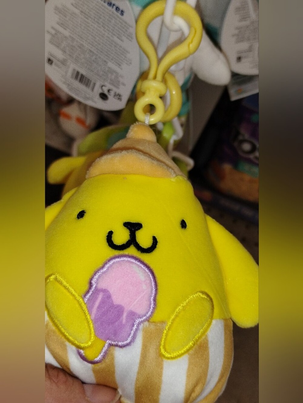 Yellow Plush Pompompurin Keychain with Pink Ice Cream Motif